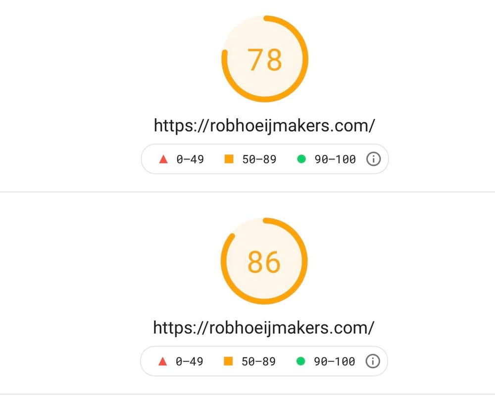 Google Page Speed Insights voor en na het verwijderen van Google Analytics