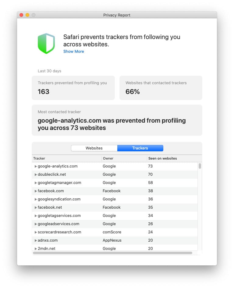 Geblokkeerde trackers rapport in Safari