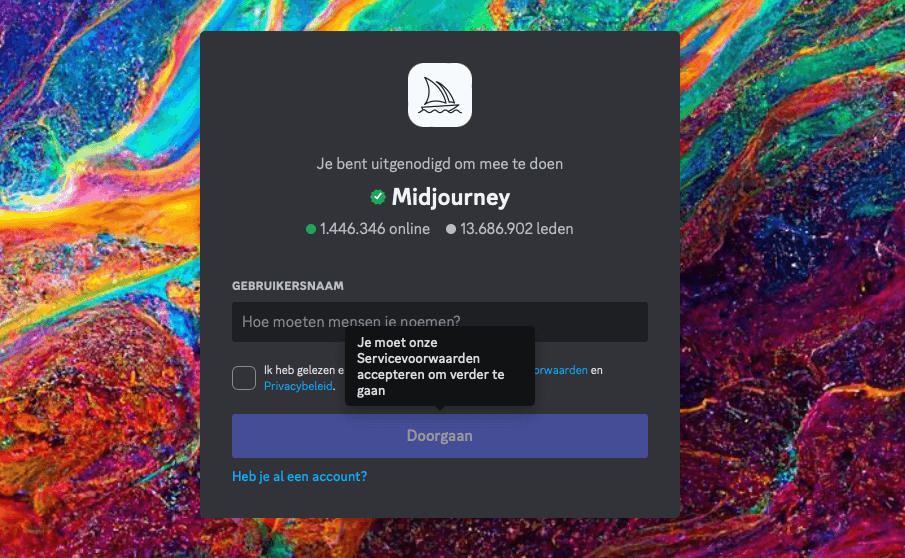 Starten en beginnen met MidJourney. Een voorbeeld van de Discord server.