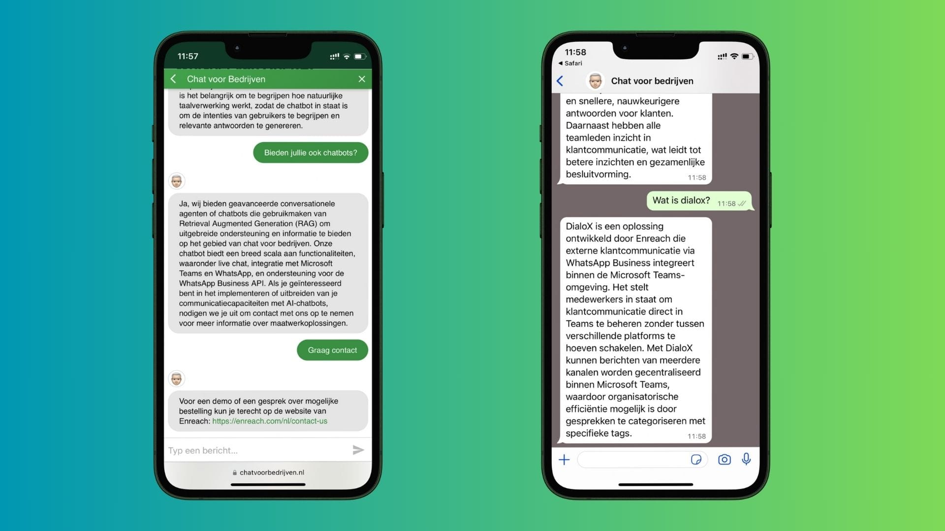 Links een gesprek op het web en rechts in WhatsApp